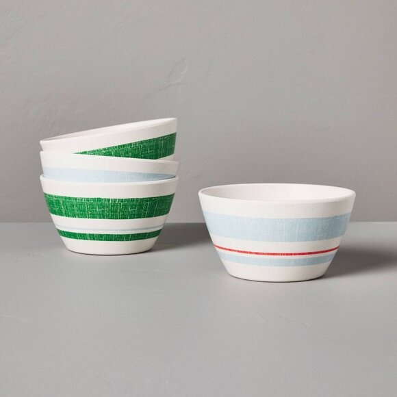 4pk Distressed Stripe Melamine Bowls - Hearth & Hand Magnolia Green‎ Blue 12oz - Picture 1 of 6